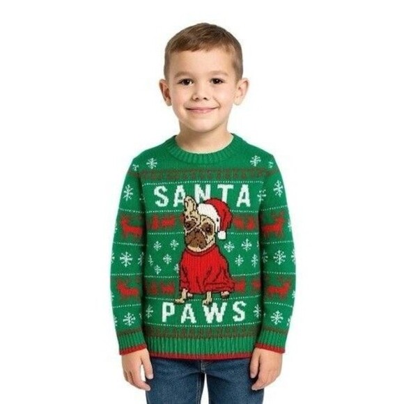Holiday Time Kids Sz M 8 Green Christmas Sweater Santa Paws Pug Dog Ugly Sweater - Picture 1 of 9